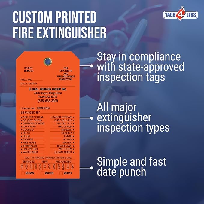 Tags 4 Less Custom Fire Extinguisher Tags – Preventative Maintenance Labels for Monthly Inspections, Alternative to Safety Sticker for Easy Record-Keeping – Pack of 100 (Orange, Vinyl Plastic)