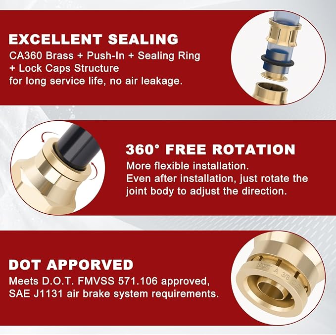 3/8" Quick Push to Connect Fittings Brass Union Straight Joint DOT Approved 3/8" Tube OD x 1/4" NPT Thread Air Line Adapter Air Suspension Kit for Truck Trailers and Air Brake System 4pcs