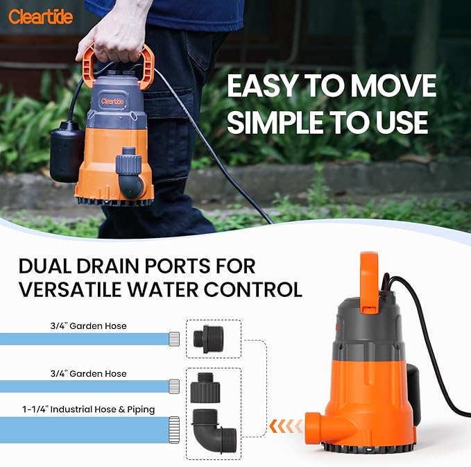 Cleartide Submersible Sump Pump with Tethered Float Switch, 1/2 HP Utility Water Pump, Electric Drain Pump Handles 3/8" Solids, 10 FT Cord