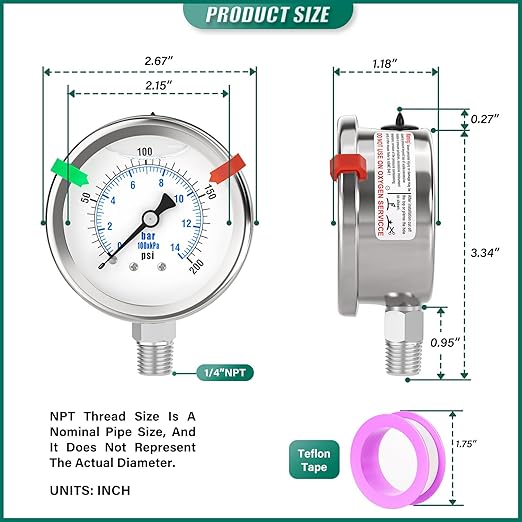 0-200PSI Stainless Steel Liquid Filled Pressure Gauge, 2.5" Dial Size, 1/4" NPT 316 Stainless Steel Joint, Lower Mount, for Tube, Water Pump, Gas, Liquid (with Range Mark Pointer)