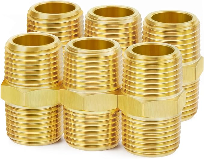 ChillWaves Brass Pipe Fitting, Hex Nipple 3/8" NPT Male x 3/8" NPT Male Thread Adapter(6-PACK)