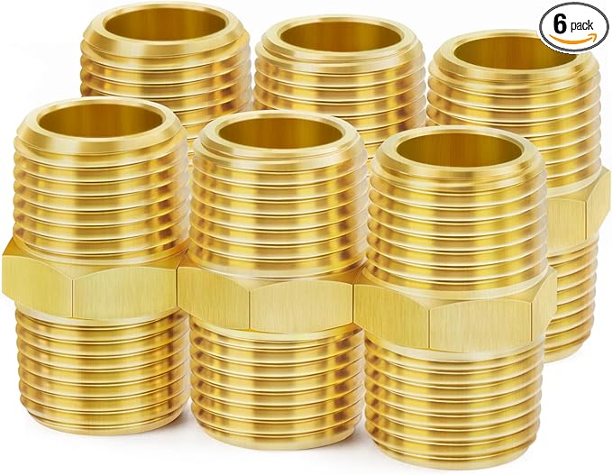 ChillWaves Brass Pipe Fitting, Hex Nipple 1/2" NPT Male x 1/2" NPT Male Thread Adapter(6-PACK)