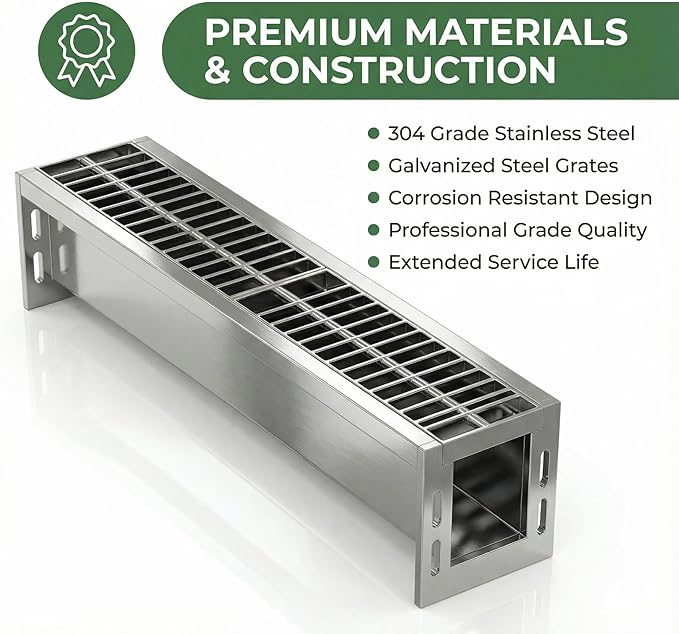 304 Stainless Steel Channel Drain, 39.4x6.1x5.9in Heavy-Duty Drain Kit, Trench Drainage System with Galvanized Steel Grate for Outdoor, Driveway, Garage, Yard