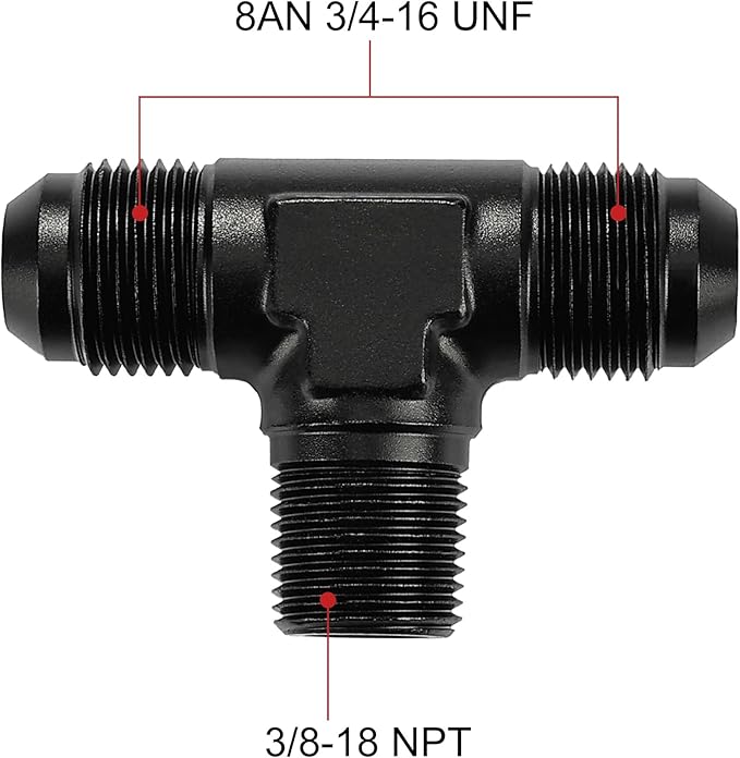 EVIL ENERGY 8AN Tee Male Flare to 3/8 NPT on Side Branch T Fitting Adapter Aluminum Black