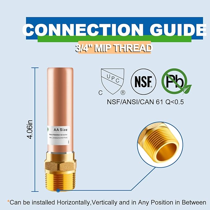 Copper Water Hammer Arrestor, 3/4 Inch MHT Straight Hammer Arrestor,Male Hose Thread Connection