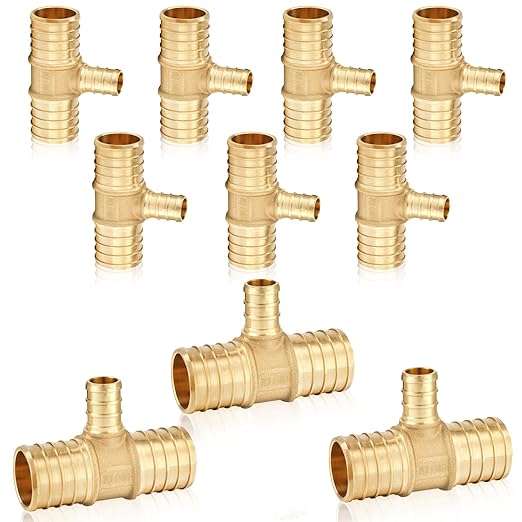 10-Pack HeSun PEX Fittings, 1"x1"x1/2" Pex Tee, Brass Crimp Fitting for ASTM F1807(PEX1807086-10)