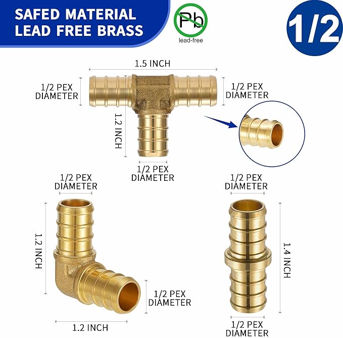 (60 Pack) Lidertik Pex Fittings 1/2 Inch Assortment Lot Kit Brass Crimp Connector Brass AP1/2-Coupling20-Tee20- Elbow20