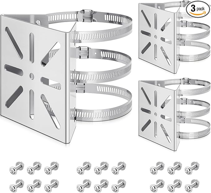3 Pcs Universal Vertical Pole Mount for Security Camera Wall Mounting Bracket with 6 Loops Solid Metal Pole Bracket for CCTV Camera Indoor Outdoor Solar Panel LED Wall/ Stage Light (Gray)