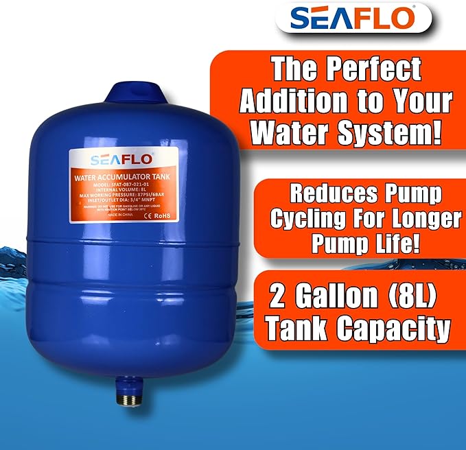 SEAFLO 2 Gallon Pre-Pressurized Accumulator Expansion Tank – Reduces Pump Cycling, Smooth Water Flow, 87 PSI, 3/4" MNPT, Compact Design for RV, Marine, Boat & Off-Grid Systems – 4-Year Warranty