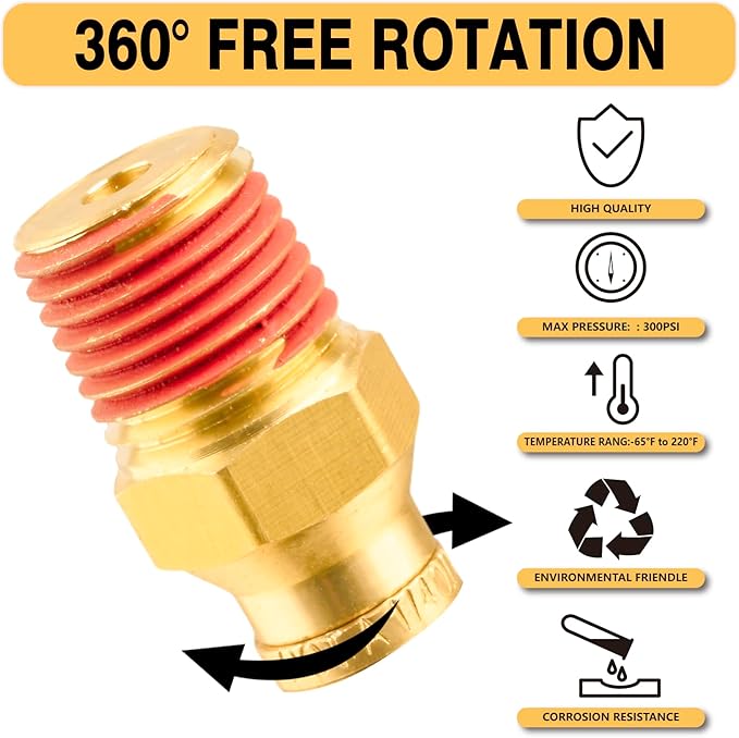 1/4" DOT Air Fittings,DOT Brass Push to Connect Fitting, Air Brake Line Fittings Connector - Male Straight 1/4" Tube OD x 3/8" NPT for Trucks Trailers Use and Air System (5PCS)