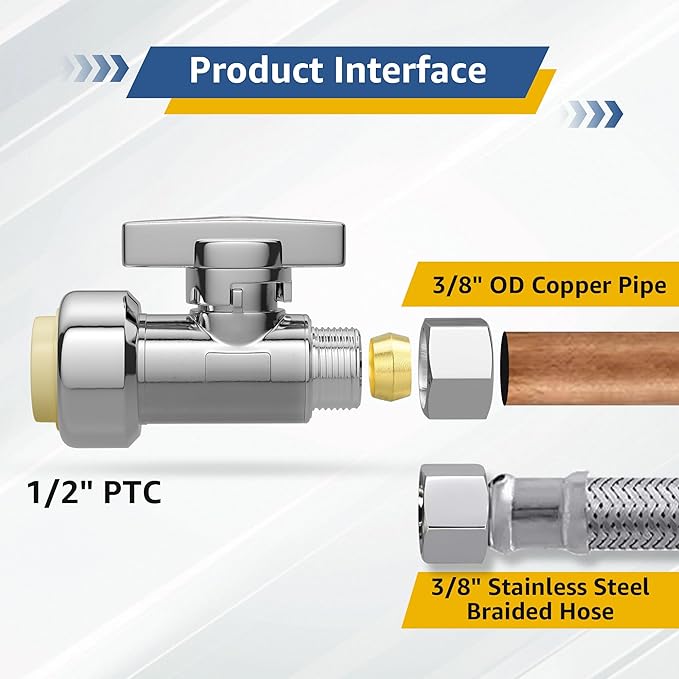 Push-Fit Straight Stop Valve 10-Pack, 1/2" Push x 3/8" OD Compression, 1/4 Turn Water Shut Off, Chrome Finish,Solid Brass,for Bathroom Sink PEX Pipe,Copper,CPVC