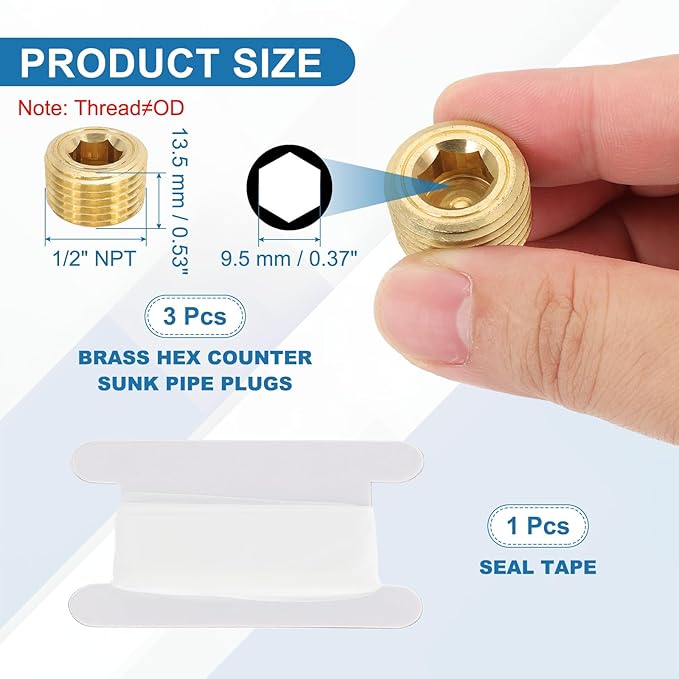 PATIKIL 1/2" NPT Male Pipe Plug Fitting, 3Pcs Brass Hex Counter Sunk Plug Brass Male Connector Socket for Closing the End of Pipe Industrial Machinery Fittings