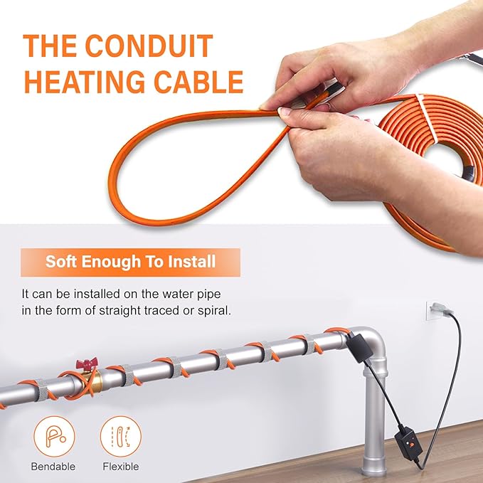 Cupohus Heat Tape for Water Pipes with Thermostat 140FT, Freeze Protection Self-Regulating Heat Trace Cable for Metal, Plastic Home Pipes, Roof and RV, 110-120V