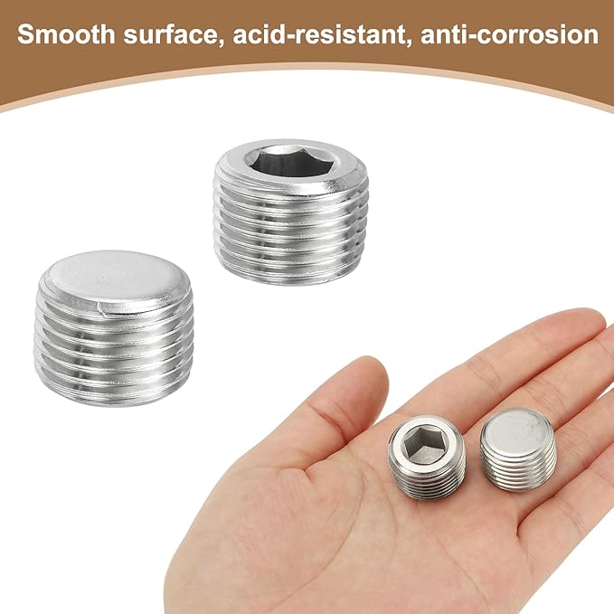 Pipe Plug Stainless Steel Internal Hex Thread Socket Pipe Plug Fitting - Fitting for (Sealing Port - Air Tanks - Water Outlets) 1/2 Inch NPT Male & 6 Pack