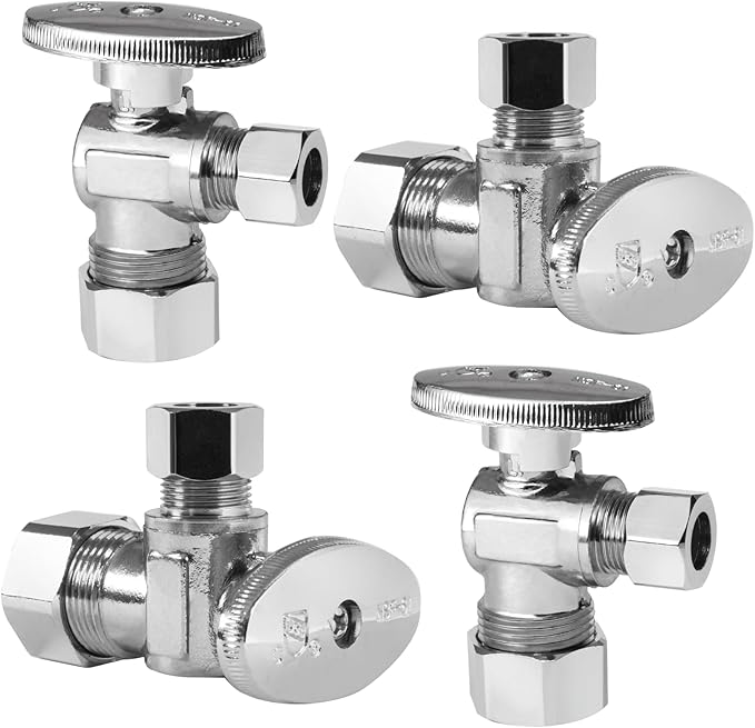 HeSun 4-PCs Pex Angle Stop Valve, 1/2" Nominal (5/8"OD) Compression x 3/8" OD Compression, 1/4 Turn Shut Off Valve for Bathroom,PEX Chrome Plated Brass