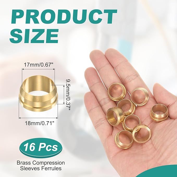 PATIKIL 15 mm OD Tube Compression Sleeves Ferrules, 16 Pack Brass Ferrule Compression Fittings for Water Oil Air Pipes