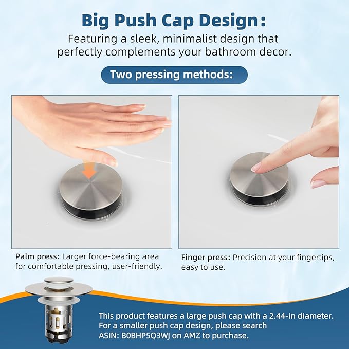 Hibbent Upgraded 3 in 1 Bathroom Sink Drain Strainer, Pop Up Sink Stopper with Big Push Cap, Anti-Clogging Metal Filter Basket,Sink Plug with Hair Catcher for 1.1''~2.36'' Basin, Brushed Nickel