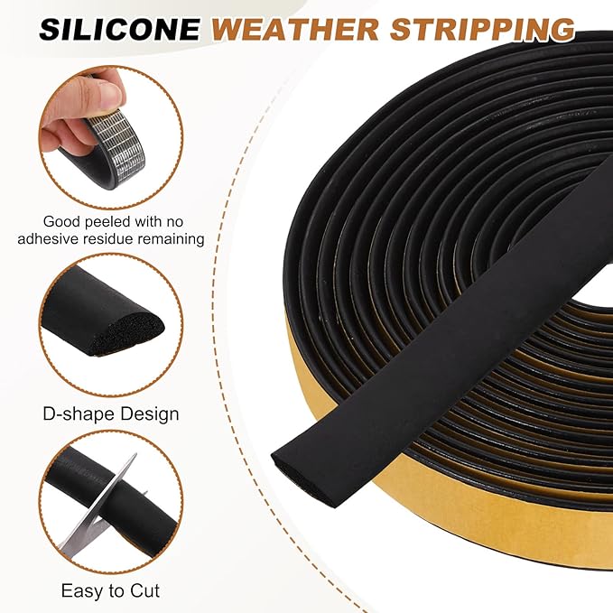 PATIKIL 6.6FT Solid Rubber Weather Stripping, 1 1/6" W x 1/2" H Self Adhesive D Shape EPDM Rubber Seal Strip Gasket for Door Frame Window Insulation RVs Furniture Cabinets, Black
