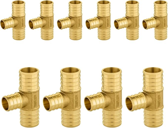 10-Pack PEX Fittings Niikappu 1"x1"x3/4" Pex Tee, Brass Crimp Pipe Fittings for PEX Pipes, ASTM F1807