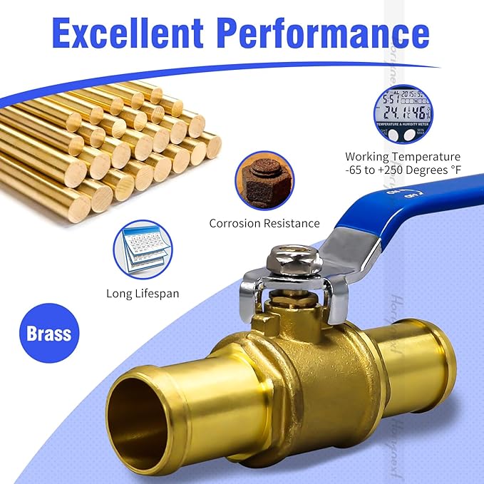 1 inch brass mini shut off ball barb valve for water fuel hose gas line rv air tubing, straight inlet manifold petcock (2 pcS with clamps kit)