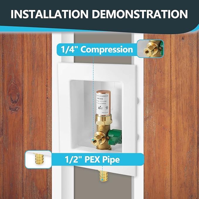 1-Pack Seelink Pre-Assembled Ice Maker Outlet Box, 1/2" PEX Crimp Inlet x 1/4" OD Compression Outlet, with Installed 1/4-Turn Ball Valve and Copper Hammer Arrestor