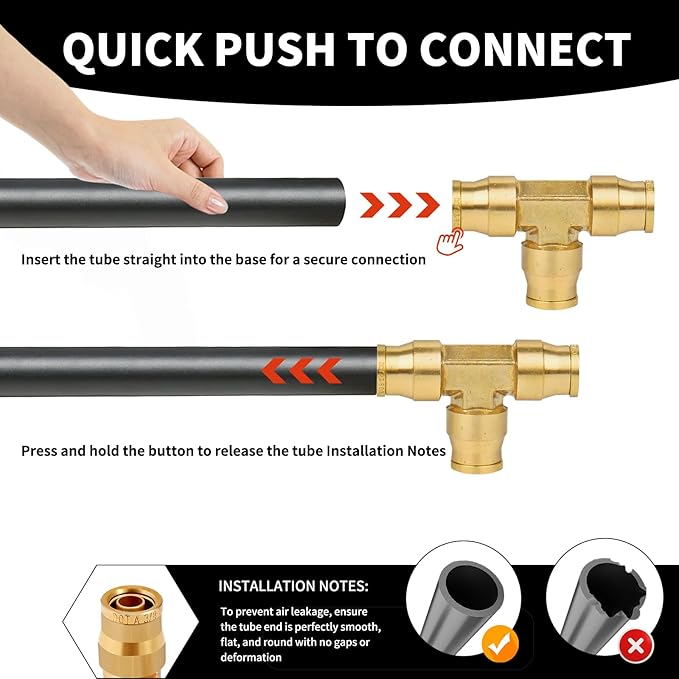 3/8" Brass Push to Connect Fittings Tee Union Dot Approved Air Brake Quick Connect Fittings Air Line Fittings Air Suspension Kit for Truck Trailers and Air Brake System 2Pcs