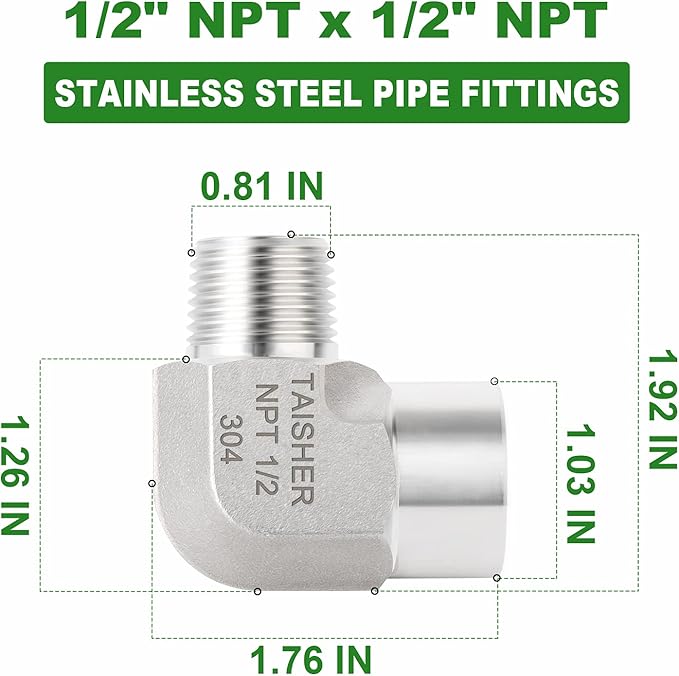 TAISHER 2PCS 304 Stainless Steel 90 Degree Barstock Street Elbow, 1/2 Inch NPT Male Pipe to 1/2 Inch NPT Female 304 Stainless Pipe Fitting