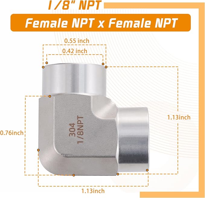 Stainless Steel Pipe Fitting 90 Degree Barstock Street Elbow 1/8" NPT Female x 1/8" NPT Female 2 Pack