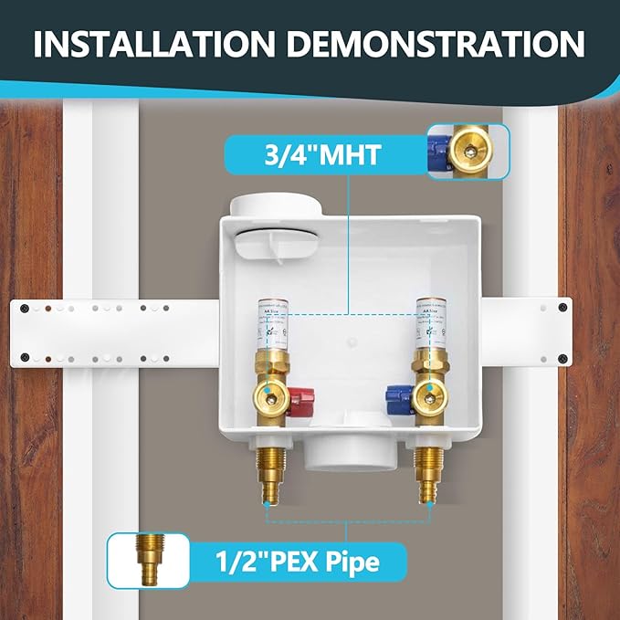 Washing Machine Outlet Box, Center Drain/Side Drain, 1/2 Inch Pex Crimp Inlet x 3/4 Inch MHT Outlet Connection, with Copper Water Hammer Arrestor (Pack of 20)(WM012-20Pack)