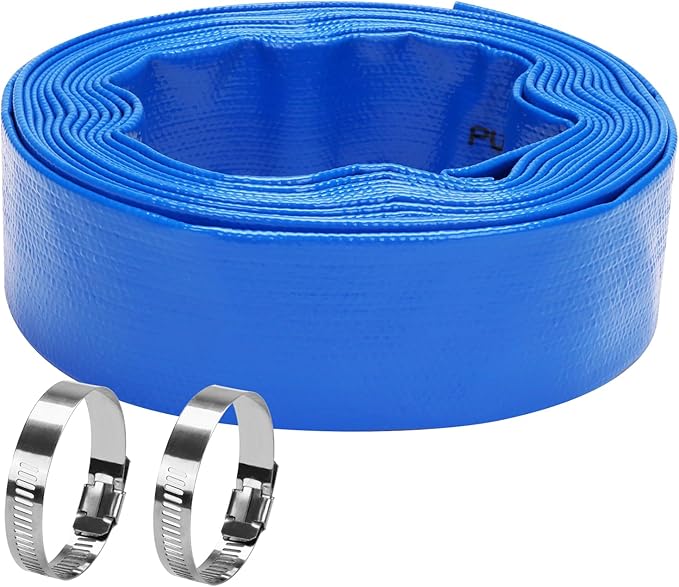Lay-Flat Pool Backwash Hose - 1.5" x 25Ft Reinforced Heavy Duty PVC Discharge Hose Weather-Proof Vinyl Pool Drain Hose for Water Transfer with 2 clamps