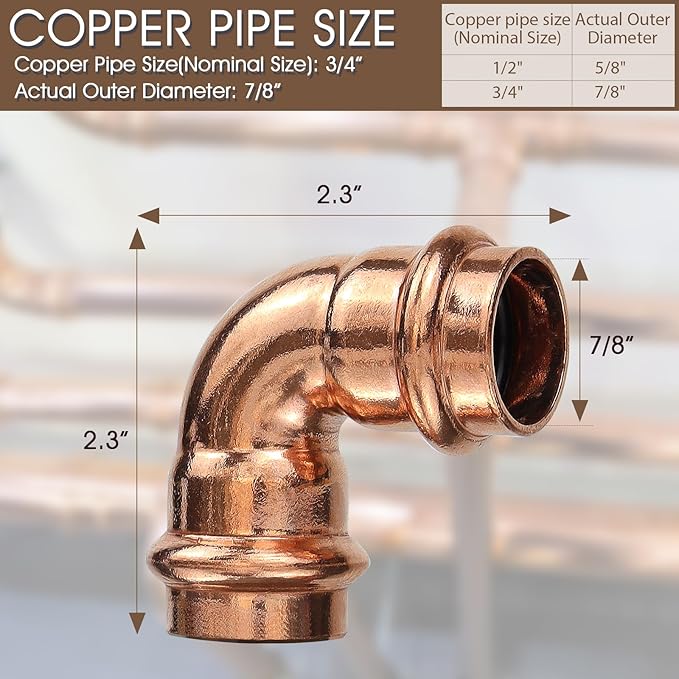 12PK Copper Press Fittings 3/4 inch 90-Degree Elbow Copper Coupling Zero Lead PxP 3/4 inch x 3/4 inch,90 degree Elbow for Plumbing,OD 7/8",Use with Hydraulic Press Fitting Tool