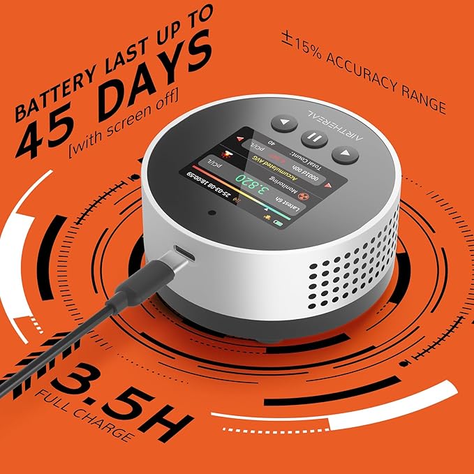 Airthereal Portable Radon Detector for Home – 504-Day Data Storage for Long Term Monitoring, LCD Color Display, Fast 6H Results, Long Battery Life, Audible & Visual Alarm - Upgraded 2025 Version