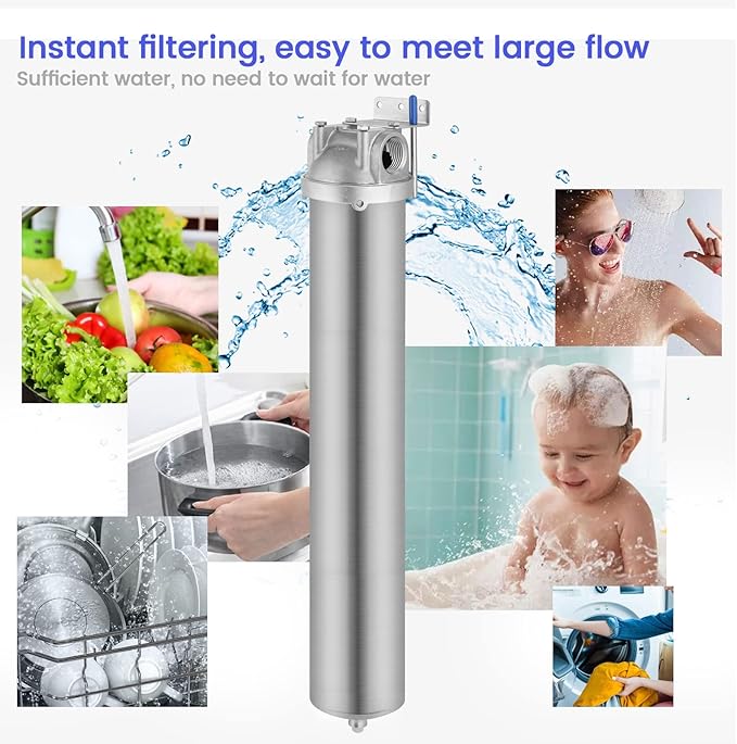 Amwater NSF/ANSI 42 Stainless Steel Whole House Water Filter Housing, 20" x 2.5" Sediment Water Filter System for Heavy Duty, Well & City Water, 3/4" NPT Port, Drain Valve Style C