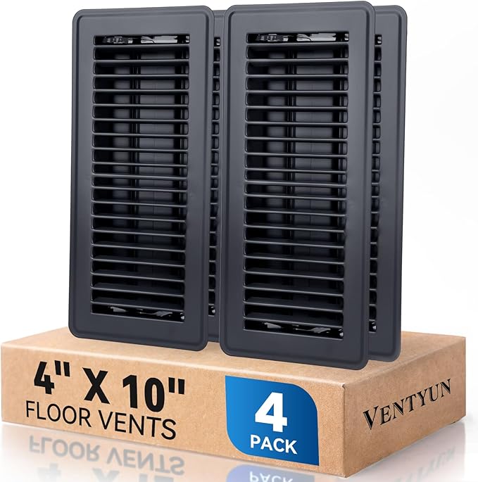 4" x 10" Floor Register Vent Covers 4-Pack, Walkable Powder-Coated Metal Vent Covers with Adjustable Airflow, Curved Safe Edges for Floor/Wall, Black
