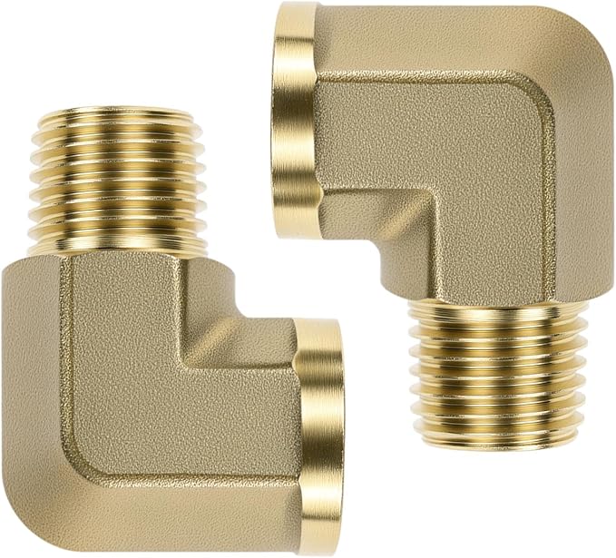 QWORK 90 Degree Brass Street Elbow, 2 Pack 1/4" NPT Male x 1/4" NPT Female Forged Fitting, High-Temperature Brass Connector, NPT Pipe Fittings