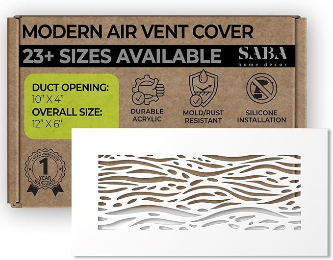 SABA Home Decor White Air Vent Cover - Acrylic Plexiglass 4" x 10" Duct Opening (6" x 12" Overall) Return Grille Decorative Covers for Walls & Ceilings NOT for Floor USE, Waves