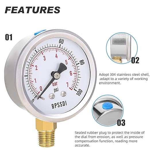 100 Psi Vacuum Pressure Gauge,Lead-Free Water Pressure Gauge, 2.5" Dial Size, 1/4" NPT Lower Mount, 304 Stainless Steel Case, for Pneumatic Air Compressor RV Regulator Valve Test(with Tape)