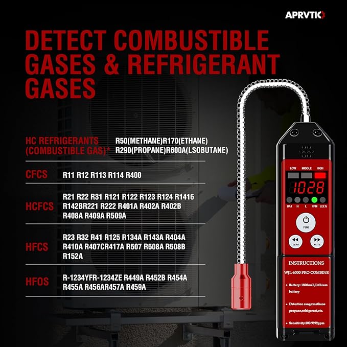 Combustible Gas & Refrigerant Leak Detector, Aprvtio WJL-6000PRO Combine Gas Tester with Loud Alarm, Measures PPM%LEL 1800mAh Rechargeable Battery for R454B R410A A2L Propane Methane