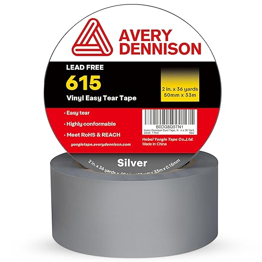 Avery Dennison Duct Tape, Heavy Duty PVC Easy Tear Tape, Strong Adhesive Waterproof Duct Tape for Indoor Outdoor Repairs, 2 in x 36 Yard, Silver, 2 Rolls