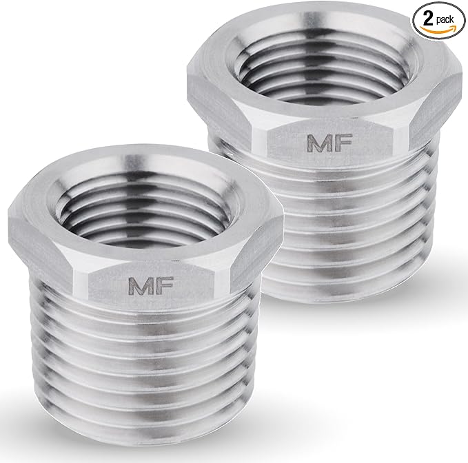 MAACFLOW Stainless Steel 1/2" Male NPT to 3/8" Female NPT Adapter Reducer Hex Bushing (Thread OD 0.81" - ID 0.58") (pack of 2)