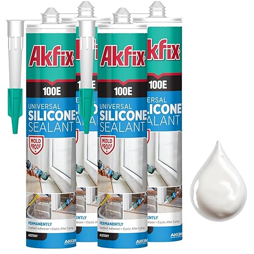 Akfix 100E RTV White Silicone Caulk (4x10.1 fl.oz.) - 100% Waterproof Silicone Sealant for Kitchen and Bathroom, Shower, Toilet, Sink, Window and Door, No Yellowing | White, 4 Pack
