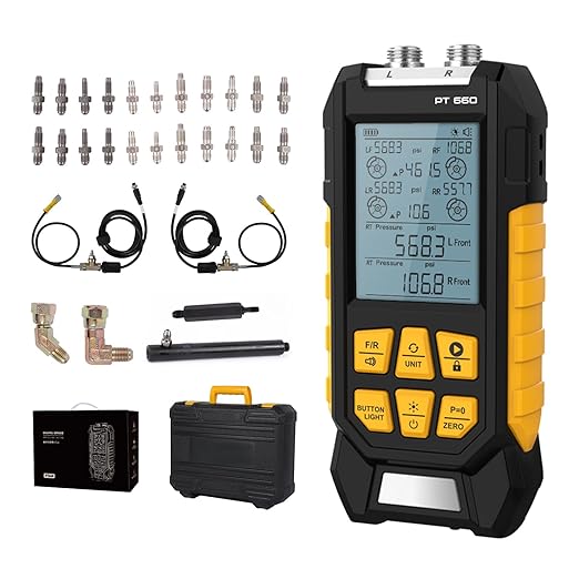 Manometer, Brake System Pressure Tester with 11 Adapters, 3 Units Switch, Magnetic Back, Smart Alarm Notification, Dual-Port Digital Brake Pressure Tester, 10-21000Kpa, PT660