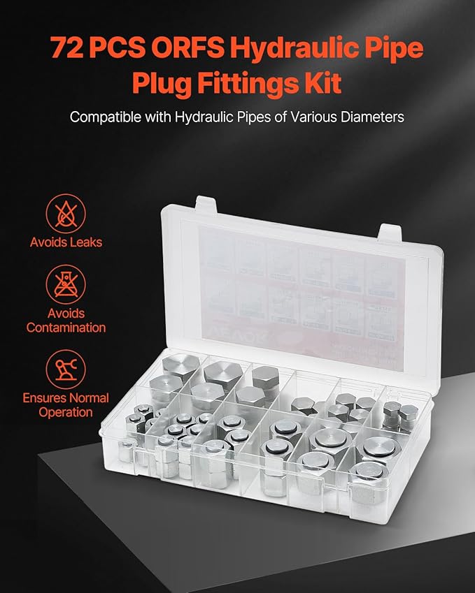 VEVOR 72 PCS ORFS Hydraulic Fittings, O Ring Face Seal Fitting Kit, Hydraulic Hose Tube and Pipe Fittings, Cap and Plug Set for Hydraulics, O Ring Assortment Kit Precision Thread, Sizes 4 6 8 10 12 16