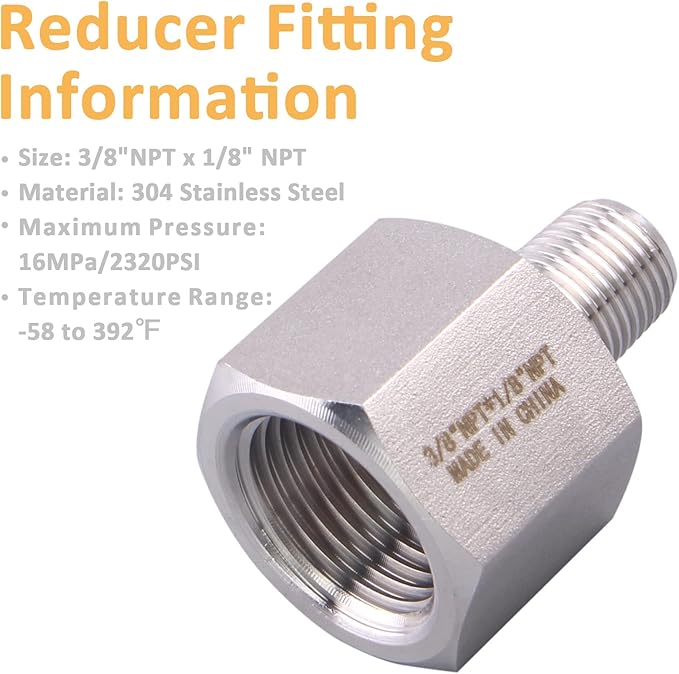 Forged Reducer Adapter Fitting - Stainless Steel 304 Reducing Pipe Connector, 3/8" NPT Female x 1/8" NPT Male (pack of 2)