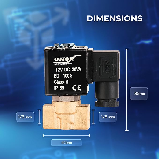 UNOX 1/8" NPT Solenoid Valve 12V DC, Brass Control Valve Normally Closed - 0-232 PSI Multi-Purpose Reliable Control Valve for Water, Air, and Gas - Solenoid Valves