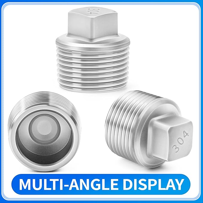 ChillWaves 304 Stainless Steel Pipe Fitting, Outer Square Head Socket Pipe Plug Fitting，1/4" NPT Male，Thread Adapter(6-PACK)