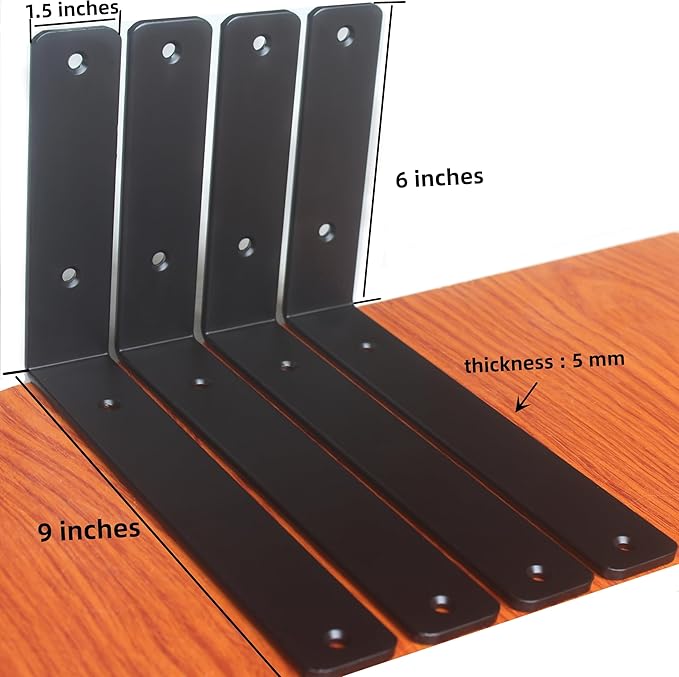 6 Pack - L 9" x H 6" x W1.5, 5mm Thick Black L Shelf Bracket, Iron Shelf Brackets, Metal Shelf Brackets, Floating Shelf, Shelf Supports with Screws