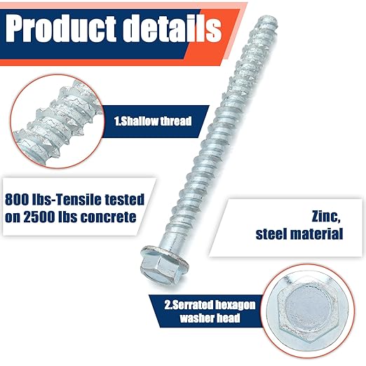 Tandefio 50 Pack 5/16" x 4" Concrete Screw Anchor Galvanized Large Diameter Heavy Duty Plated Concrete Anchors for Masonry Brick Anchoring Block Decking Framing Hex Drive