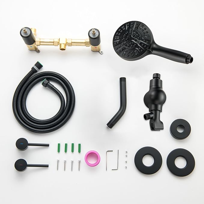 2 Handle Shower Faucet Set with Filter Shower Head Holder Matte Black 2 knobs Shower Faucet Set, Wall Mounted