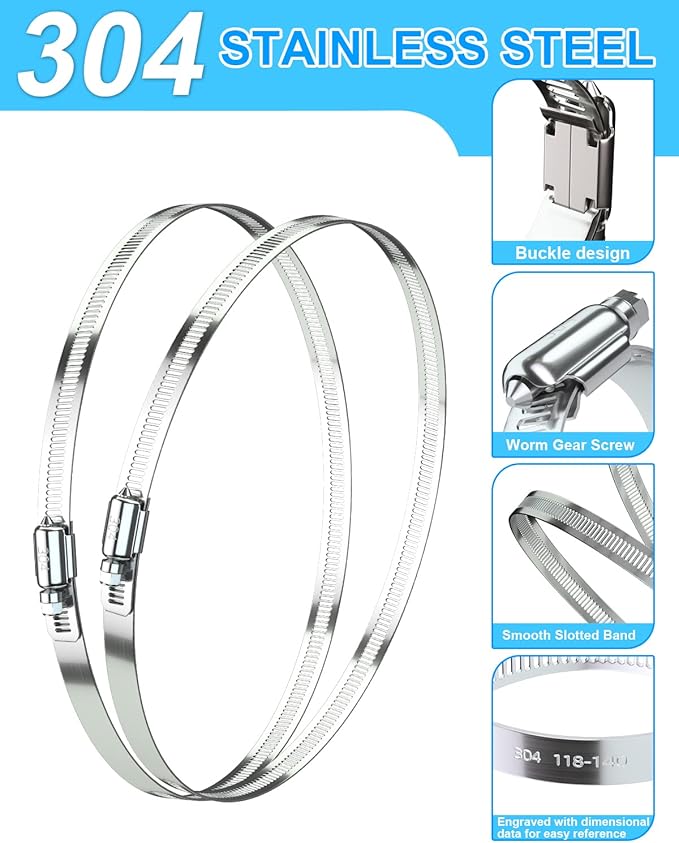 Hose Clamp Set - 6PCS 12 inch 304 Stainless Steel Worm Gear Hose Clamps for Fuel Line,dryer,Intercooler，Garden Water Pipe and Washing machine,Automotive Plumbing,290mm-310mm Hose Clamps